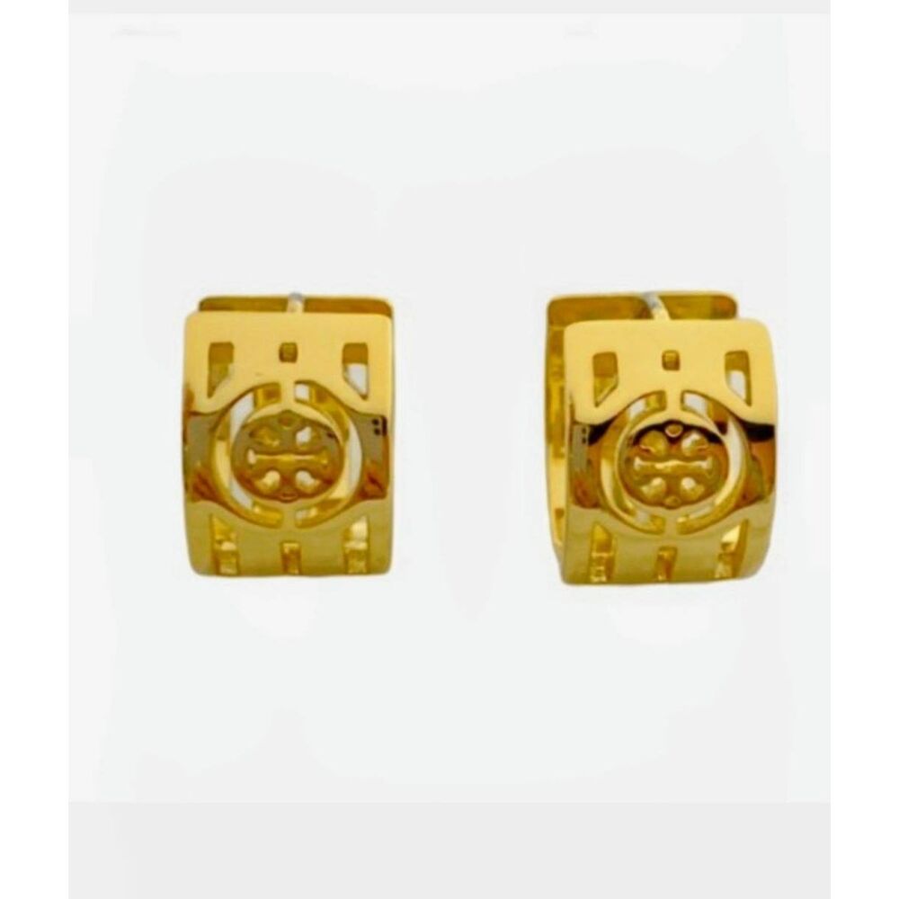 TORY BURCH Gold Logo Cutout Huggie Hoop Earrings